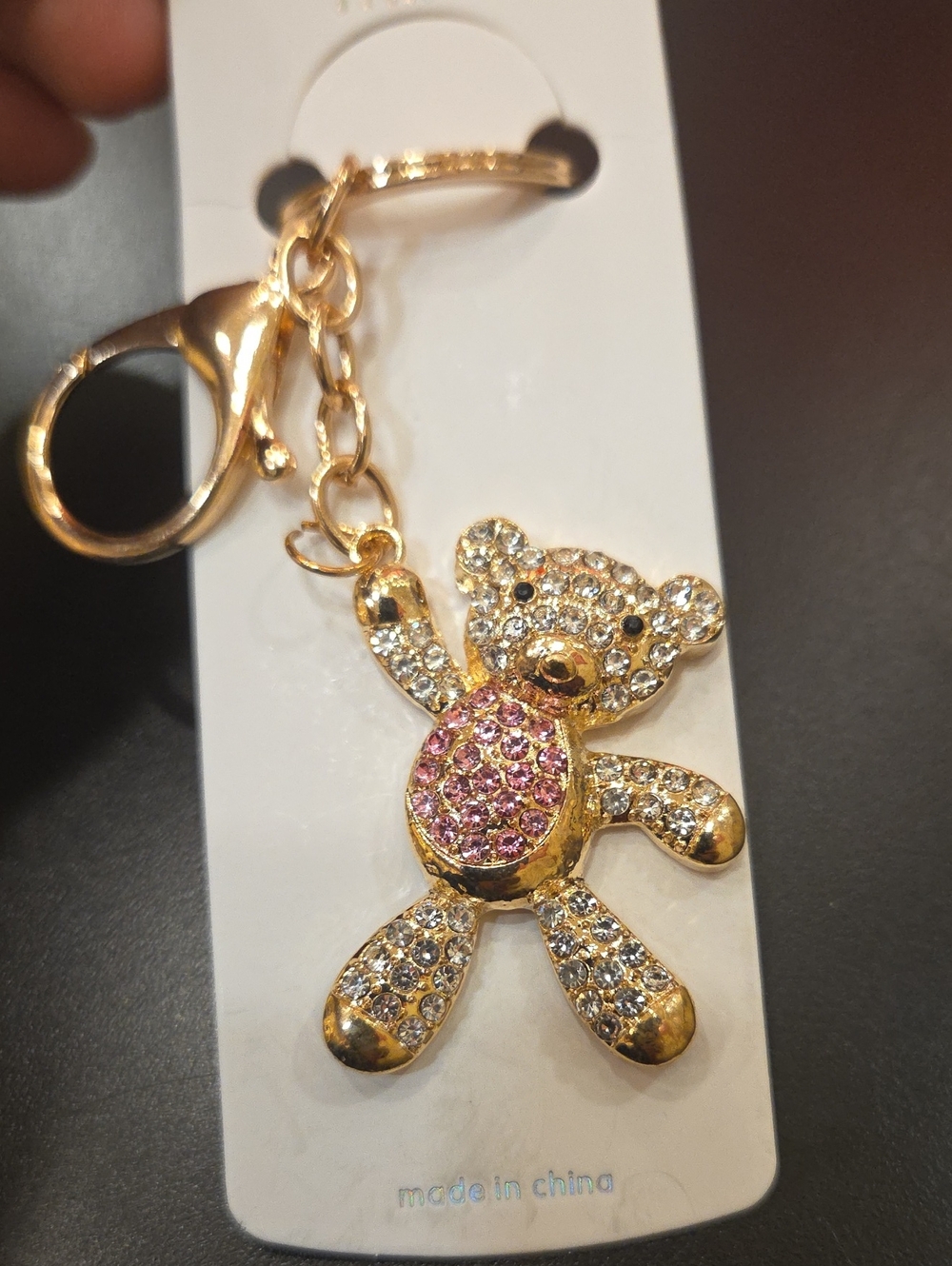 TEDDY BEAR Keychain Purse Charm Diamond And Pink Crystal Rhinestones Gold Tone